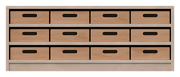 Korpusschrank niedrig, 12 flache Materialkästen