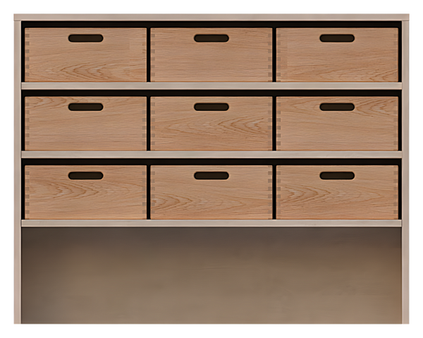 Korpusschrank, offene Sockelnische, 9 Materialkästen