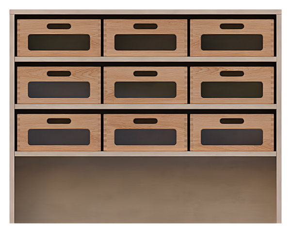 Korpusschrank, offene Sockelnische, 9 Materialkästen mit Acrylglas