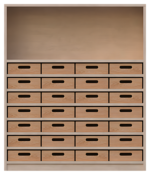 Korpuschrank oben ein offenes Fach, unten 21 flache Materialkästen