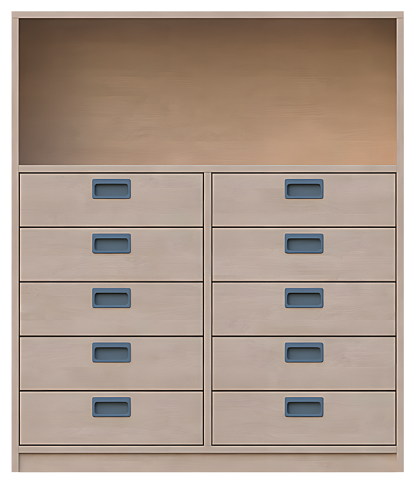 Korpusschrank oben ein offenes Fach, unten 10 Schubkästen
