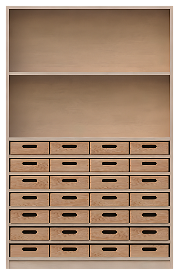 Korpusschrank oben 2 offene Fächer, unten 21 flache Materialkästen
