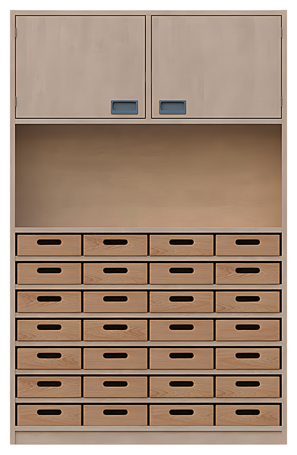 Korpusschrank oben 2 kleine Türen, mittig offen, unten 28 Materialkästen