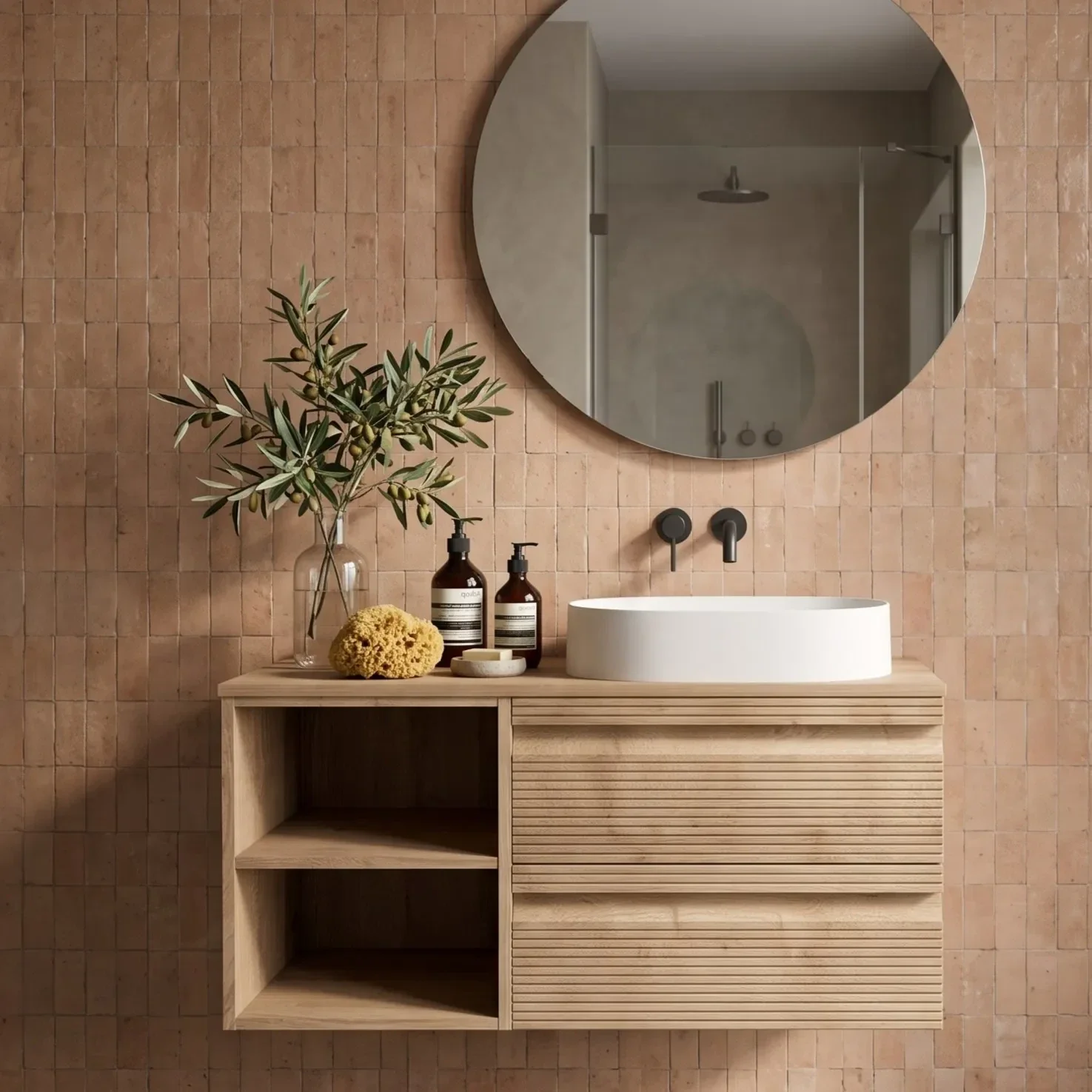 Bottega Linea Fluted Oak 1000mm Wall Hung Countertop Vanity Unit And Oak Worktop RH