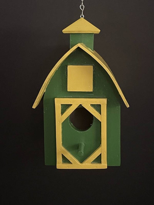 yellow and green barn birdhouse