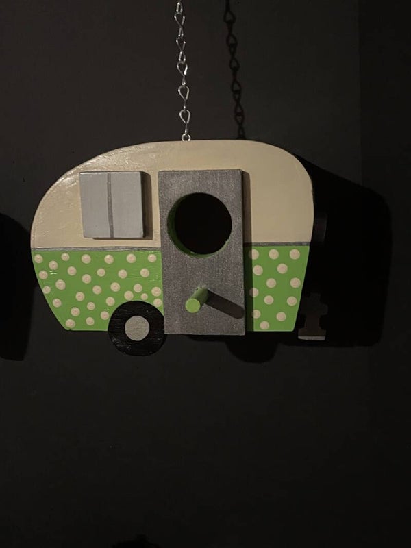 green and white camper birdhouse