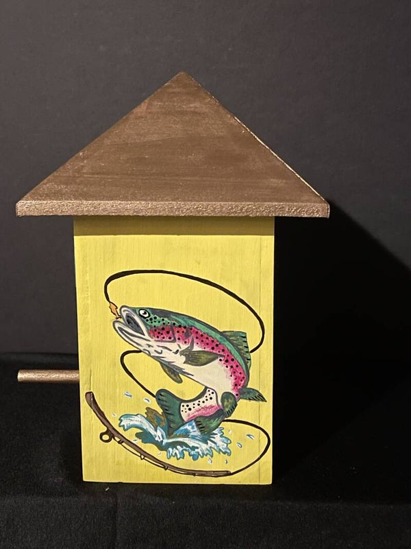 tall hip roof birdhouse with gone fishing and trout on sides