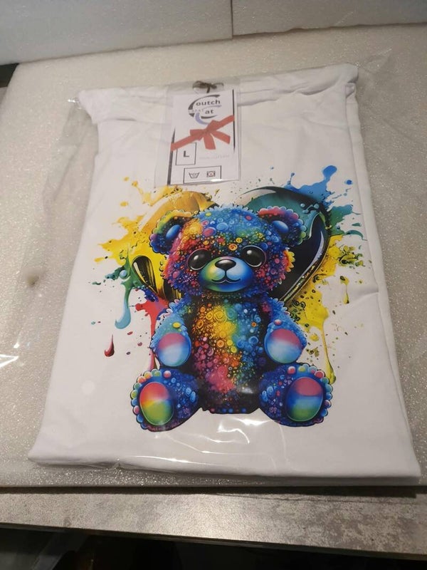 T-shirt Blanc Coton "Floral Bear Splash" — Illustration Ours/Panda Mandalas & Éclaboussures Multicolores | Style Art Pop & Boho