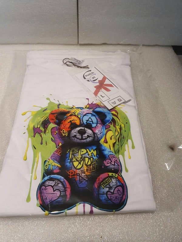 T-shirt Blanc Coton "Floral Bear Splash" — Illustration Ours/Panda Mandalas & Éclaboussures Multicolores | Style Art Pop & Boho