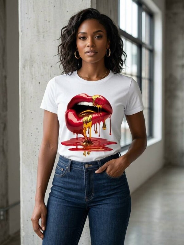 T-shirt Blanc Coton "Dripping Gold Lips" — Visuel Premium & Look Urban Glam
