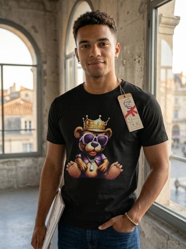 T-shirt Noir Coton "King Teddy" — Illustration Ours Couronne d'Or, Lunettes & Chaîne | Style Streetwear & Hip-Hop