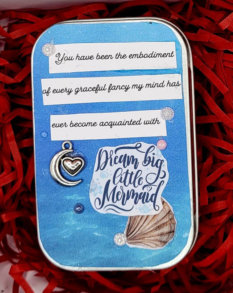 Mermaid 'more thoughtful than a card' handmade tin. 