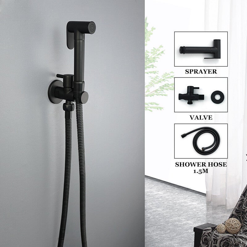 Luxe RVS Bidet Doucheset Mat Zwart – Complete 5-in-1 Set – Handdouche Bidet / Hand Shower – Geïntegreerde Houder (Zonder Boren) – Explosieveilige Spiraalslang – G 1/2"