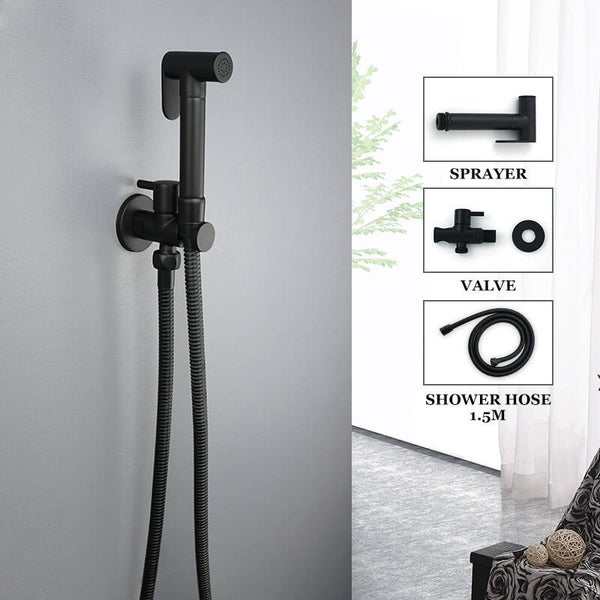 Luxe RVS Bidet Doucheset Mat Zwart – Complete 5-in-1 Set – Handdouche Bidet / Hand Shower – Geïntegreerde Houder (Zonder Boren) – Explosieveilige Spiraalslang – G 1/2"