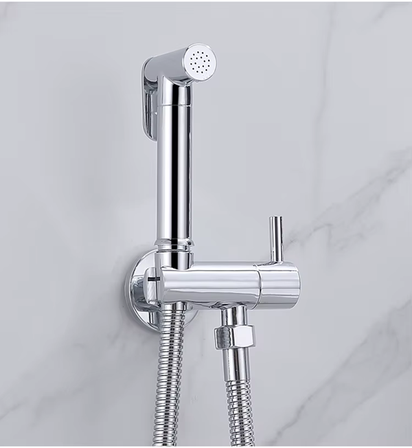 Luxe RVS Bidet Doucheset Chroom – Complete 5-in-1 Set – Handdouche Bidet / Hand Shower – Geïntegreerde Houder (Zonder Boren) – Explosieveilige Spiraalslang – G 1/2"