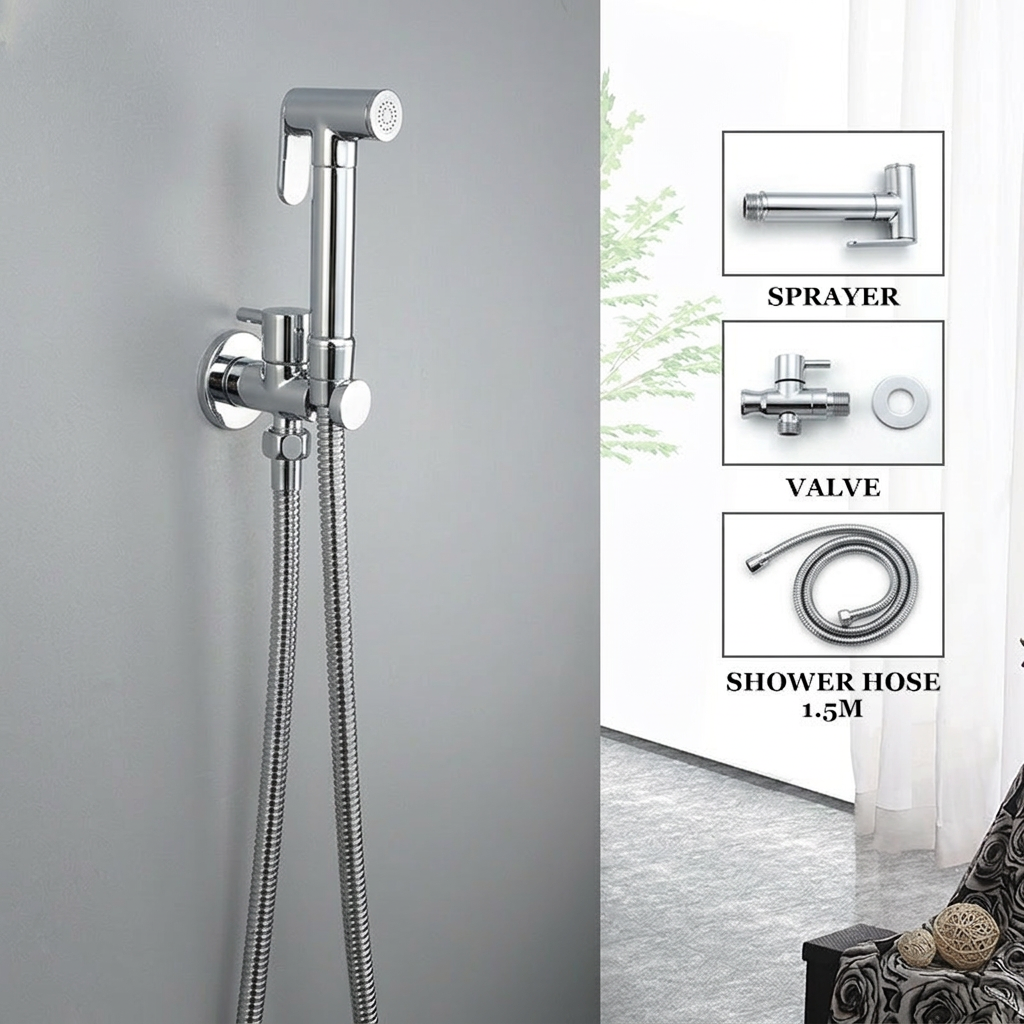 Luxe RVS Bidet Doucheset Chroom – Complete 5-in-1 Set – Handdouche Bidet / Hand Shower – Geïntegreerde Houder (Zonder Boren) – Explosieveilige Spiraalslang – G 1/2"