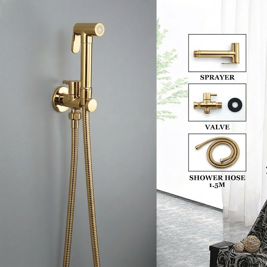 Luxe RVS Bidet Doucheset Mat Goud – Complete 5-in-1 Set – Handdouche Bidet / Hand Shower – Geïntegreerde Houder (Zonder Boren) – Explosieveilige Spiraalslang – G 1/2