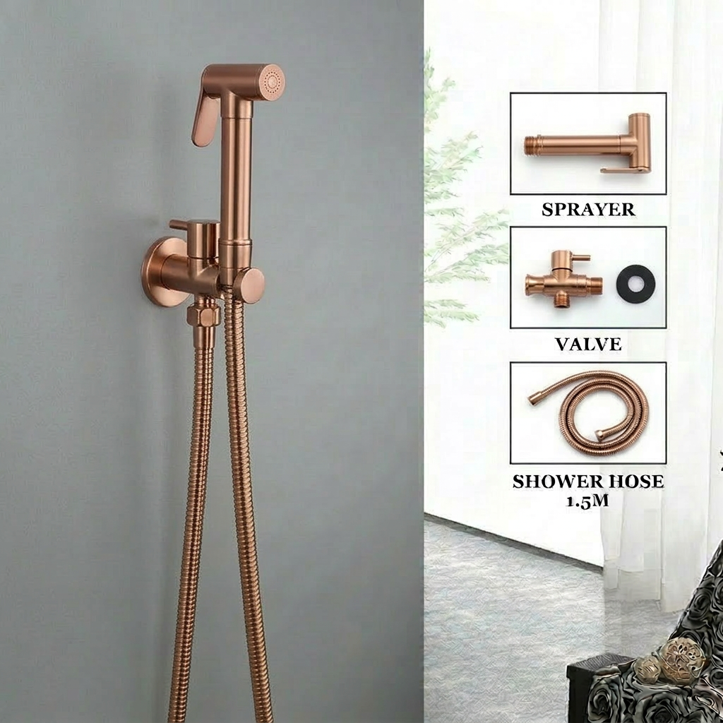 Luxe RVS Bidet Doucheset Rose Goud – Complete 5-in-1 Set – Handdouche Bidet / Hand Shower – Geïntegreerde Houder (Zonder Boren) – Explosieveilige Spiraalslang – G 1/2"