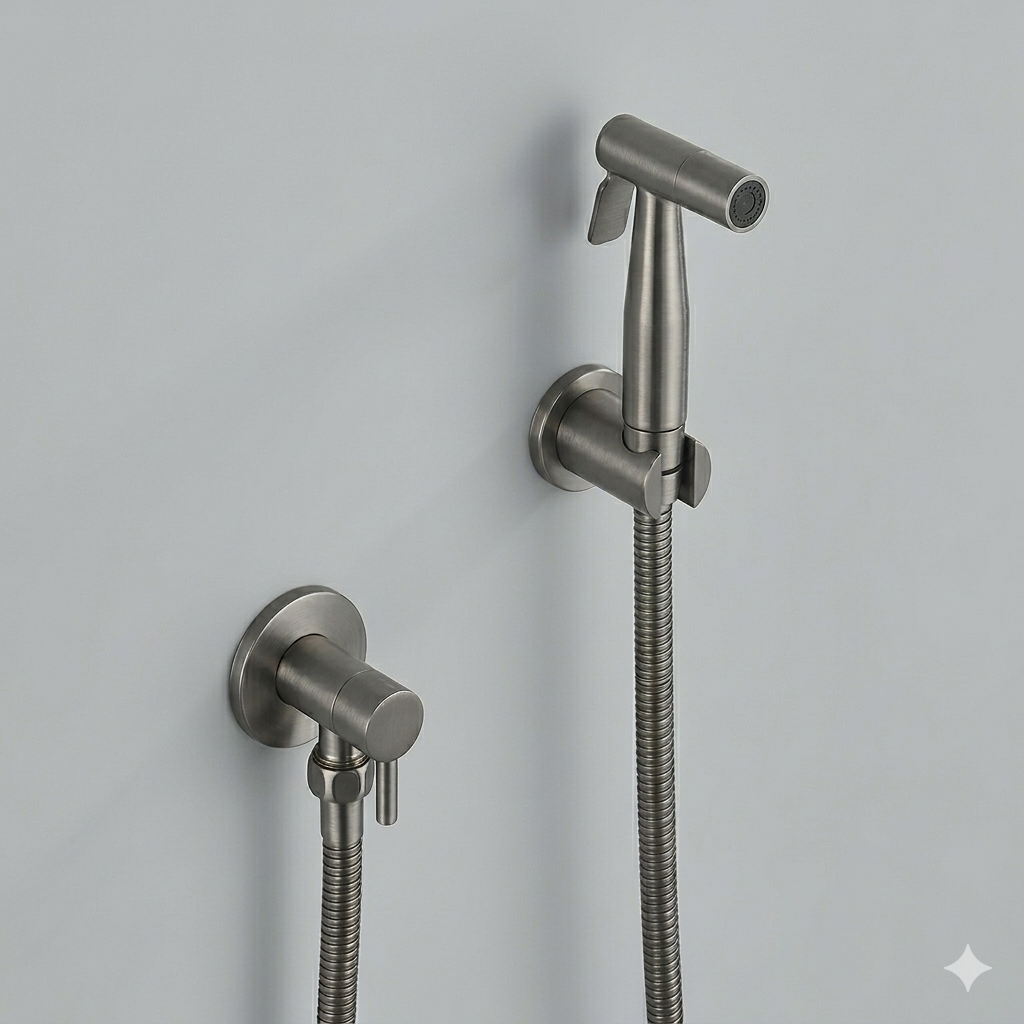 Luxe Handdouche Bidet Set Geborsteld Nikkel - Shattaf Bidet Sprayer - Bidetkraan Toilet - RVS 304 - Brushed Nickel - Compleet Pakket
