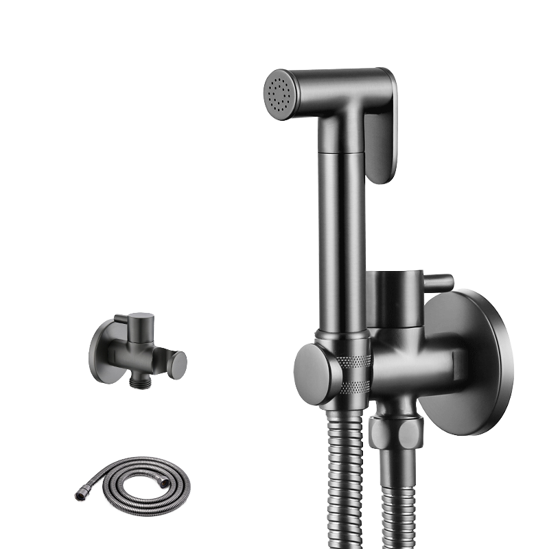Luxe RVS Bidet Doucheset Gun Metal Grey – Complete 5-in-1 Set – Handdouche Bidet / Hand Shower – Geïntegreerde Houder (Zonder Boren) – Explosieveilige Spiraalslang – G 1/2"