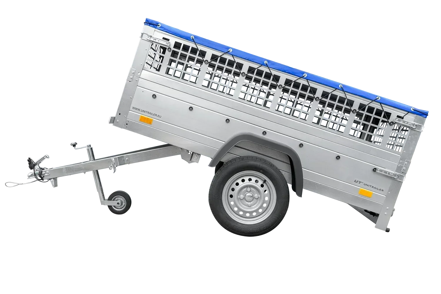 Remorque grillagée 200×106 avec bâche plate bleue, ridelles grillagées et roue jockey – Garden Trailer 200 KIPP