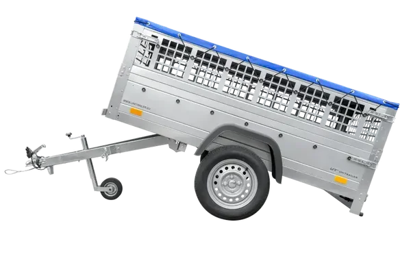 Remorque grillagée 200×106 avec bâche plate bleue, ridelles grillagées et roue jockey – Garden Trailer 200 KIPP