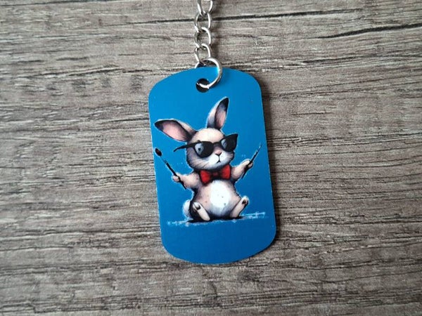 Sleutelhanger : Blauwe Metalen Tag : Coole Konijn !! 1