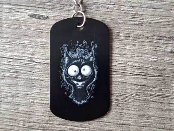Sleutelhanger : Zwarte Metalen Tag : Grappige Kat !! 1