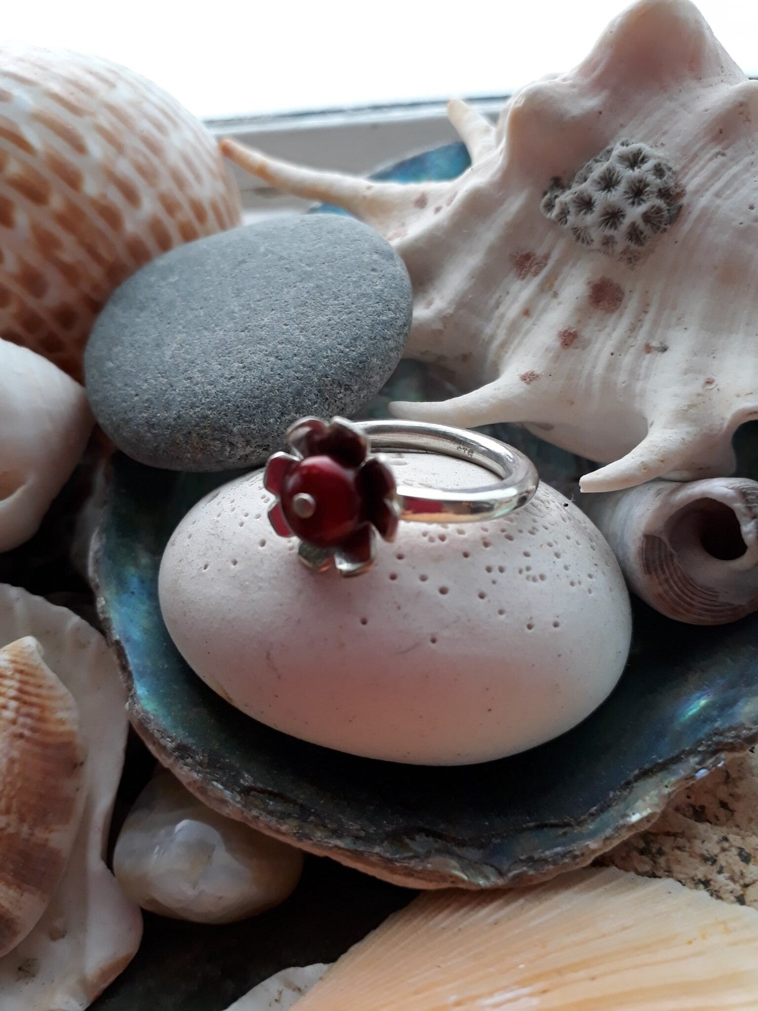 Cherry blossom ring with red pearl