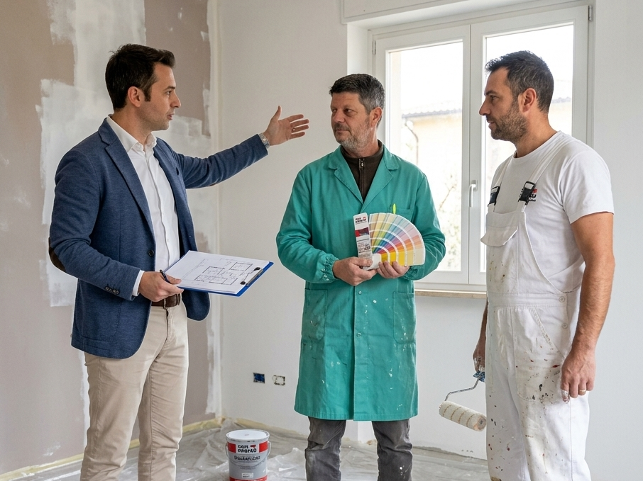 davanti ad una parete da verniciare un uomo fa vedere una mazzetta colori a un architetto e un imbianchino