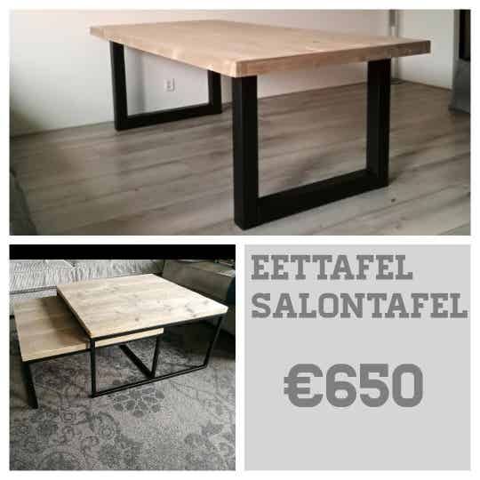 Eettafel + duo salontafel steigerhout U-poten