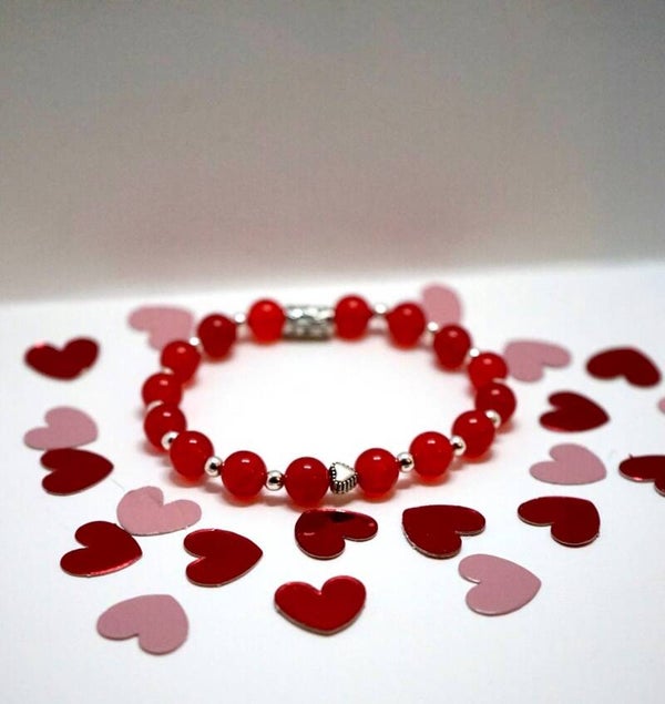 Red Jade With silver hearts charms and small silver balls