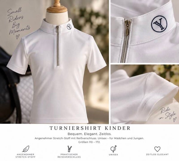 Bequemes Turniershirt Kinder weis mit blauem Logo