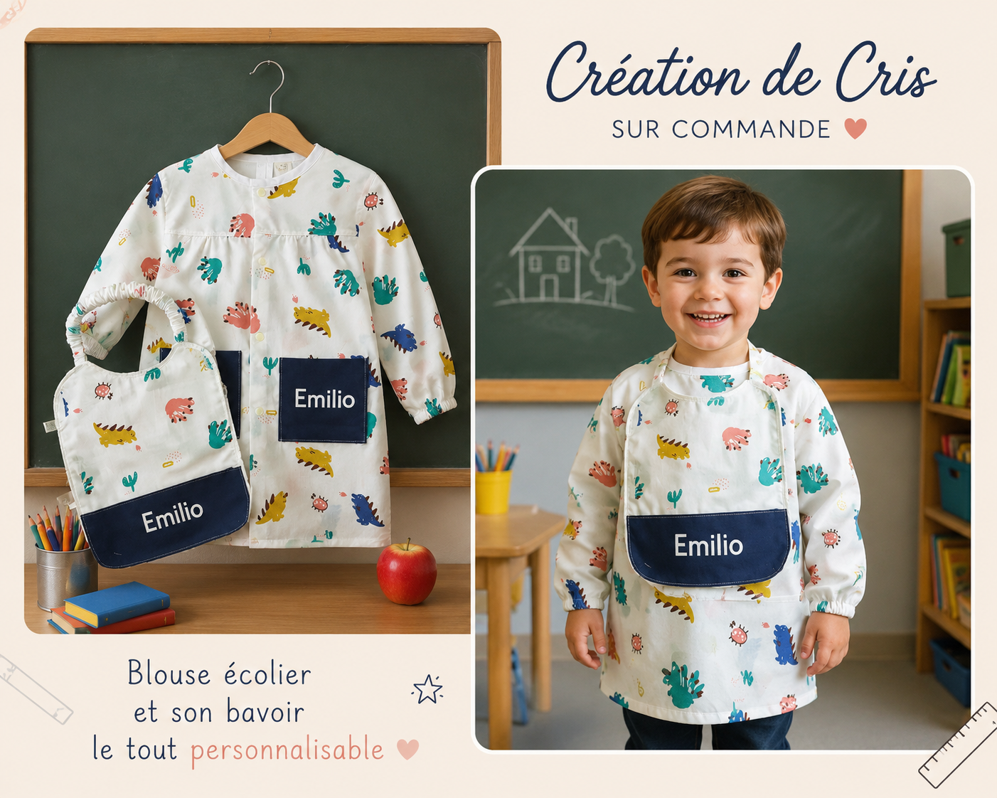 Tablier écolier et son bavoir sur commande