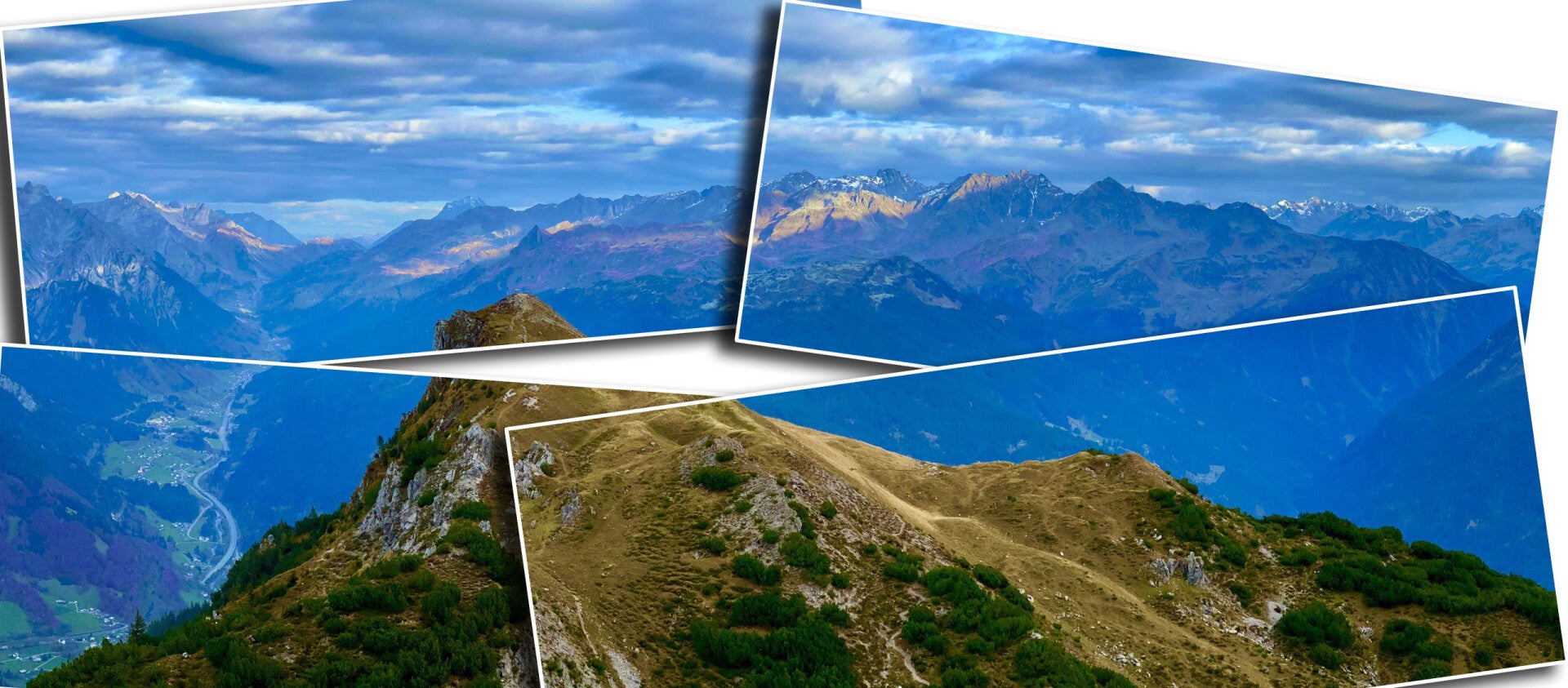 Panoramablick von einem Alpengrat auf ein weites Bergmassiv. Im Vordergrund ein grasiger, felsiger Grat mit einzelnen Grünerlen-Büschen. Links unten ein Tal mit einem Flusslauf und verstreuten Ortschaften.