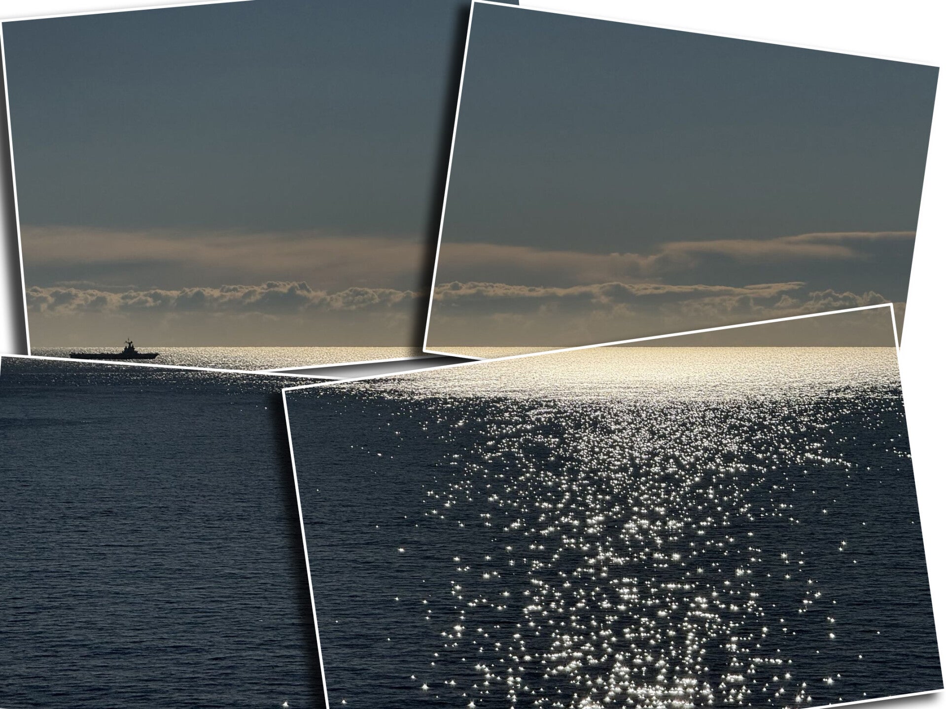 Ruhige Meereslandschaft im Gegenlicht. Die Wasseroberfläche glitzert silbrig durch einen Lichtreflex der tief stehenden Sonne. Am linken Horizont ist die dunkle Silhouette eines Frachtschiffs zu sehen, das langsam vorbeizieht.