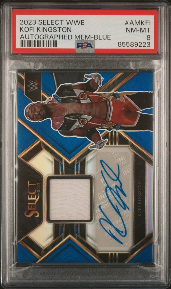 WWE - Panini Select 2023 - Kofi Kingston - Blue Autographed Memorabilia - Serial 32/35 - PSA8