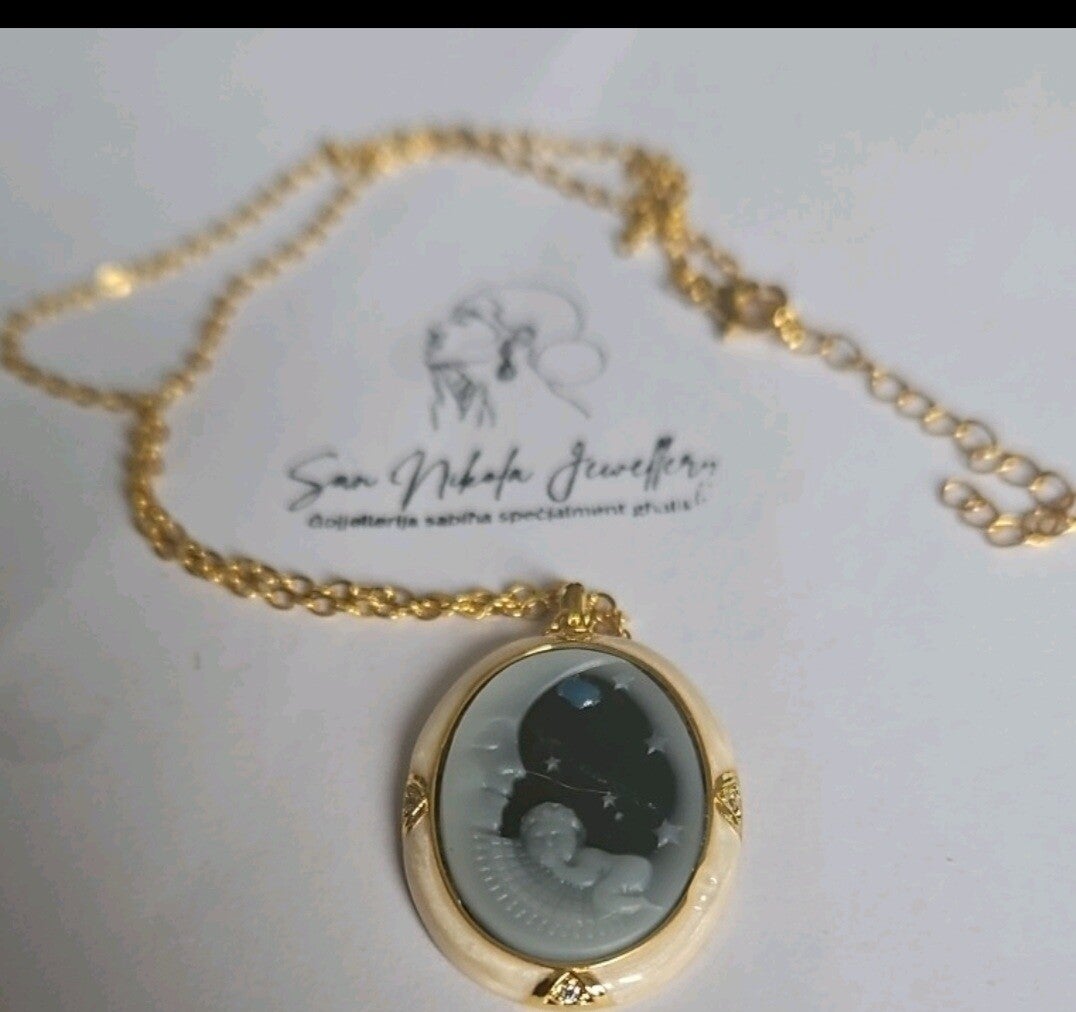 Cherub Being Cradled by The Moon Necklace Stainless Steel