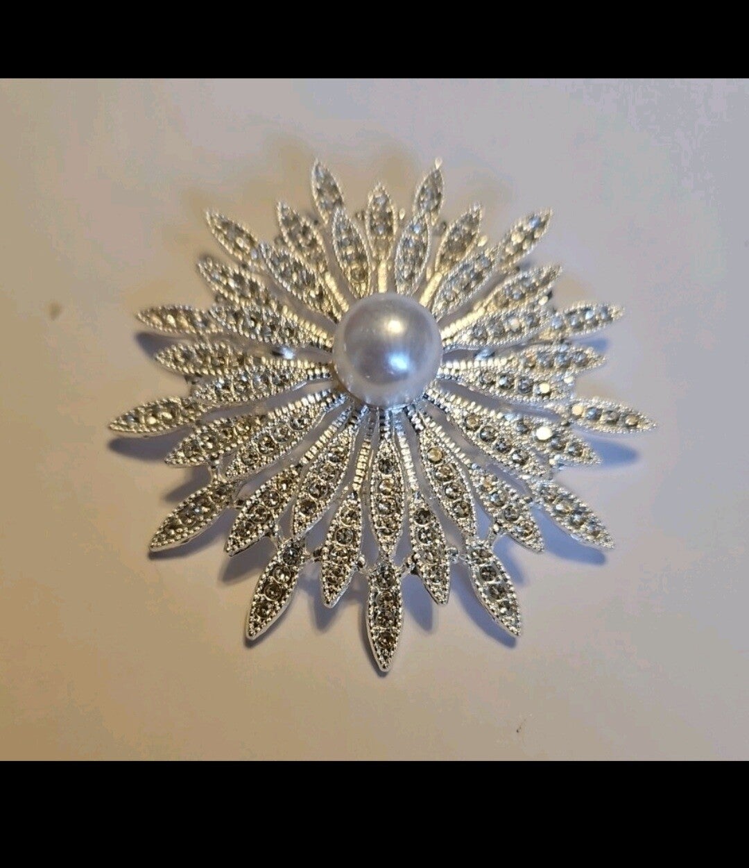 Sunburst Brooch with Faux Pearl and Rhinestone Silver Tone