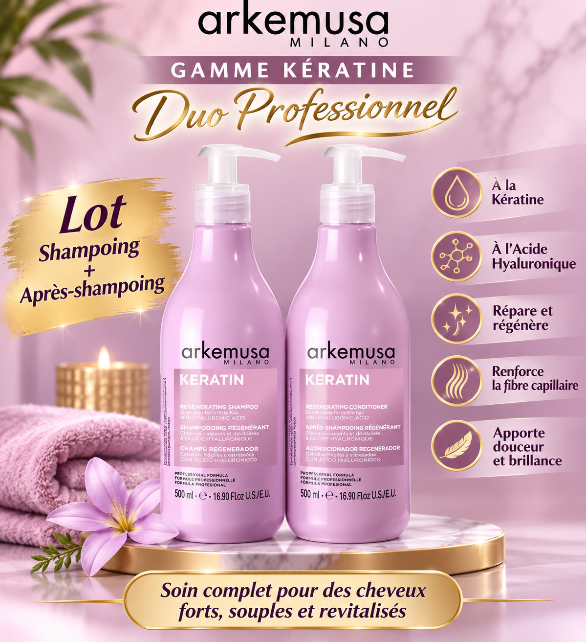 Lot shampooing et après shampooing kératine Professionnel