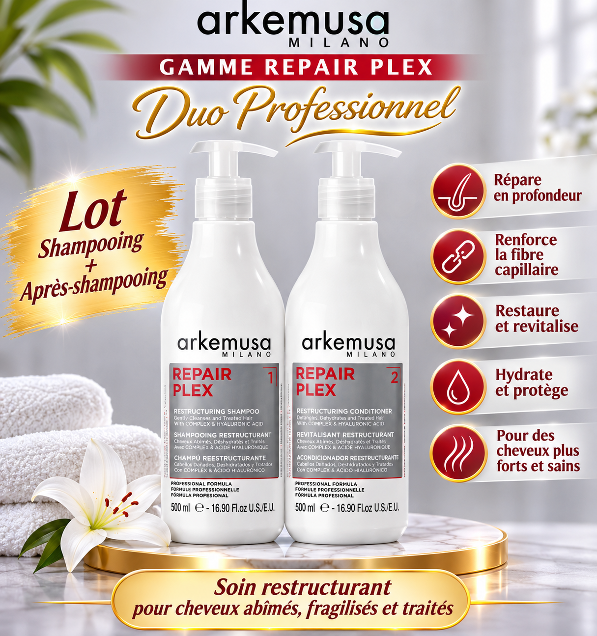 Lot shampooing et après shampoing réparateur Professionnel