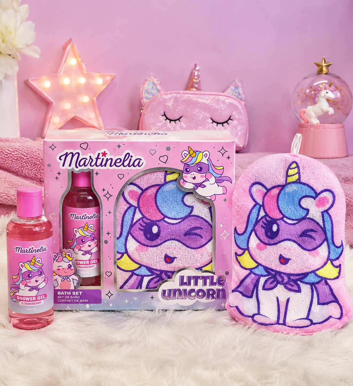 Set de douche + gant enfant licorne
