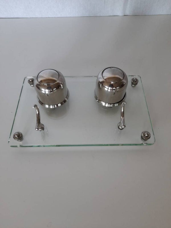 Encrier double en verre et métal  Vintage