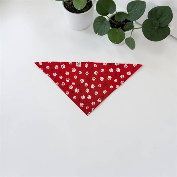 Dog & Cat Bandana - Red w/Paw Prints & Hearts