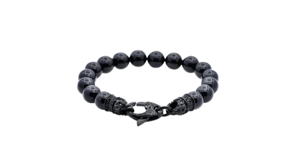 Echte Onyx zwarte roestvrijstalen kralenarmband voor heren met zwarte zirkonia