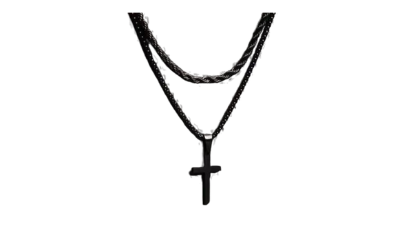 Ketting set: zwarte touwketting en medium zwart kruis