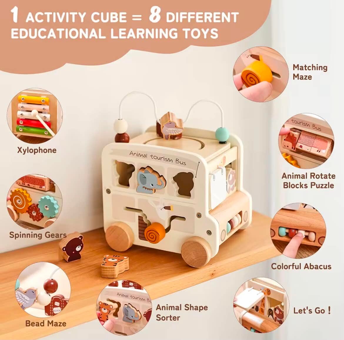 Wooden Multifunctional 8-in-1 Early Learning Car Educational Toy for Kids Brain Development and Cognitive Enhancement