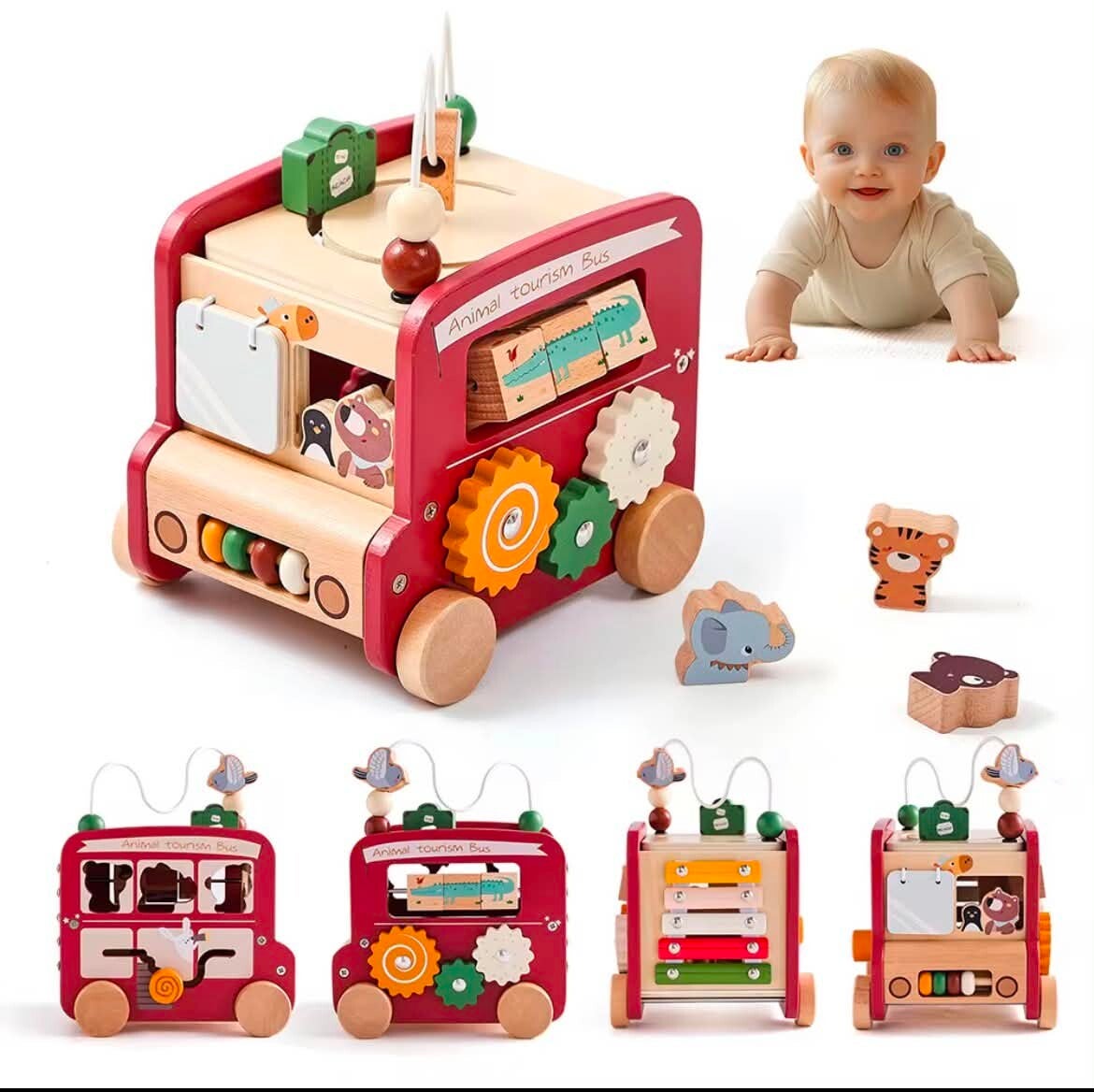 Wooden Multifunctional 8-in-1 Early Learning Car Educational Toy for Kids Brain Development and Cognitive Enhancement Red