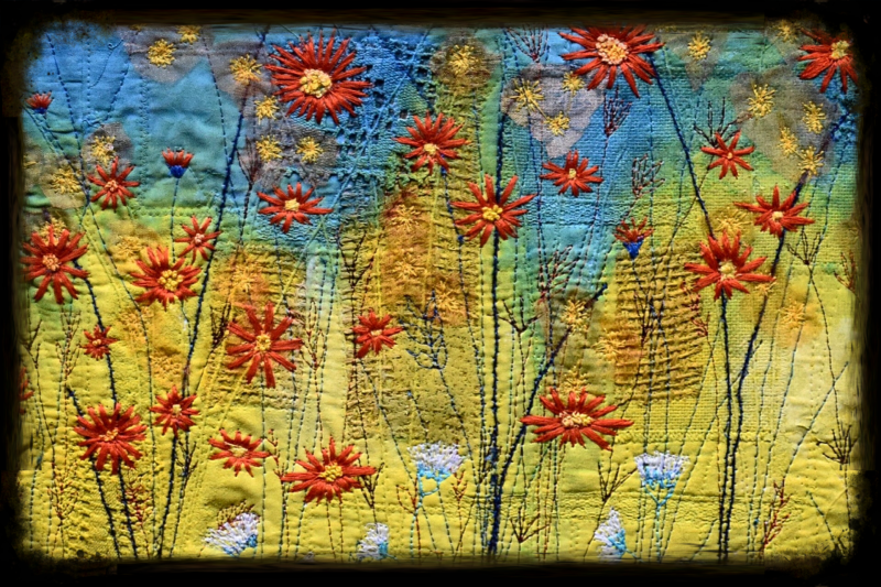 Flowers of the field Textile art Threadpainting