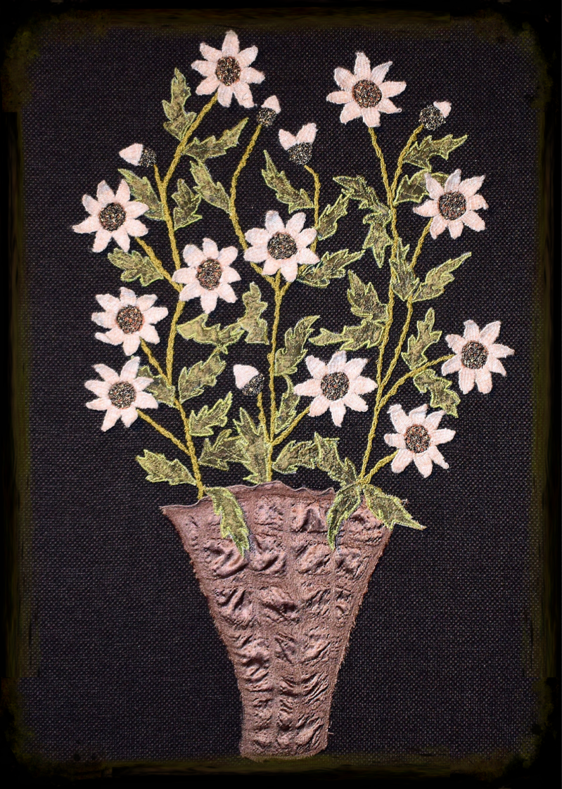 Antique flower. Textile art. Embroidery.